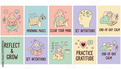 Selfcare and mindfulness vector set for wellness journaling mental health and daily routine
