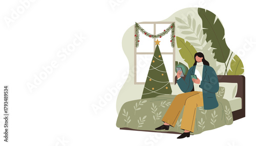 Woman using two phones on a bed near a Christmas tree illustrating technology dependency