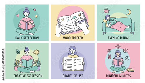 Set of 6 illustrations showing daily journaling selfcare gratitude and mindfulness for mental wellness