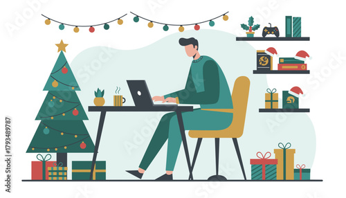 Man working on laptop in a festive Christmas home office balancing remote work and holidays