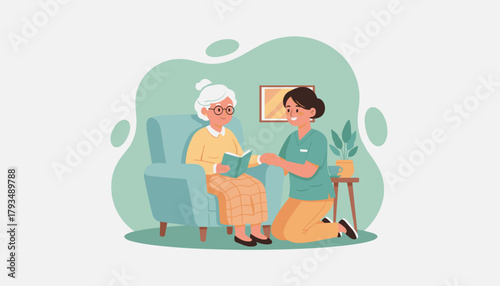 Compassionate nurse holds hand of senior woman reading book Home healthcare and elder care