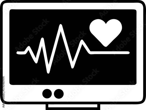 A solid black silhouette vector icon of a hospital EKG monitor showing a cardiac rhythm pulse line and a love heart symbol