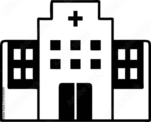 A solid black and white silhouette vector icon of a hospital building, representing time-sensitive medical care and healthcare management