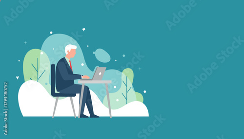 Professional using laptop outdoors Remote work technology and business balance illustration
