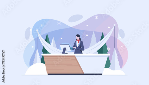 Businesswoman at reception desk in a snowy winter scene using a digital tablet