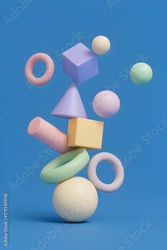 Minimal 3d pastel shapes balancing on a vibrant blue background