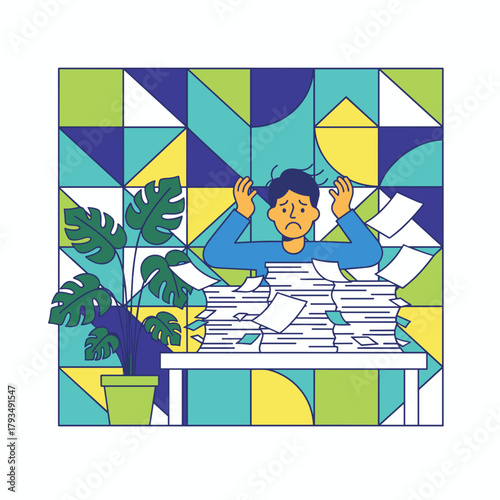 Stressed office worker overwhelmed by excessive paperwork and workload Burnout concept