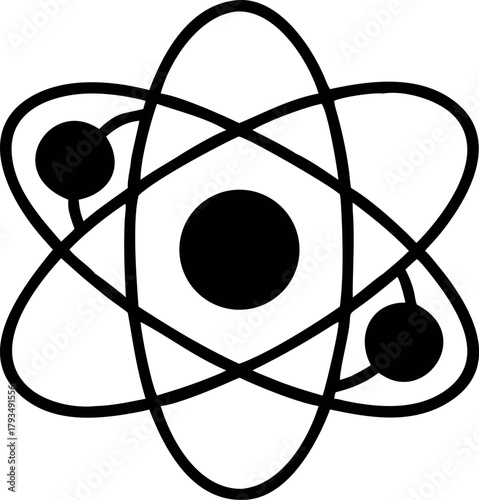 Solid black vector graphic depicting a classic atom symbol with orbiting electrons, perfect for physics, chemistry, and various educational science projects