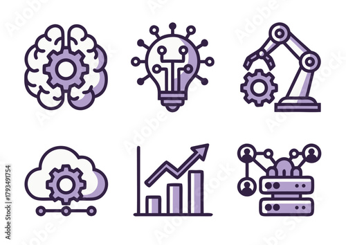Purple technology icon set - brain with gear, idea bulb, robotic arm, cloud computing, growth chart, and database network; modern data/AI pack