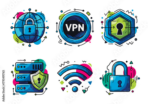 Colorful doodle-style cybersecurity icons - globe lock, VPN badge, hex shield with keyhole, secure server, Wi-Fi, and padlocks on clean white