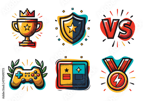Bright doodle gaming icons - trophy, shield, VS mark, game controller, crown medal; vibrant esports competition pack on white