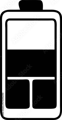 Black and white vector illustration of a solid battery cell, symbolizing power, energy storage, and charge level indication with a minimalist design