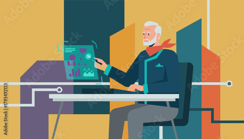Senior businessman analyzes data charts using a stylus on a futuristic interface Digital business concept