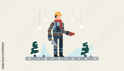 Mason worker in festive winter scene holding brick and trowel Holiday construction concept illustration