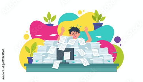 Drowning in paperwork Stressed businessman overwhelmed by excessive workload and bureaucracy