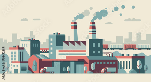 Industrial zone vector illustration factory buildings chimneys emitting smoke trucks and freight transport