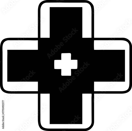 Black and White Cross Graphic Symbolizing Health, Medicine, and Aid with a Smaller Inner Cross for Enhanced Design Clarity