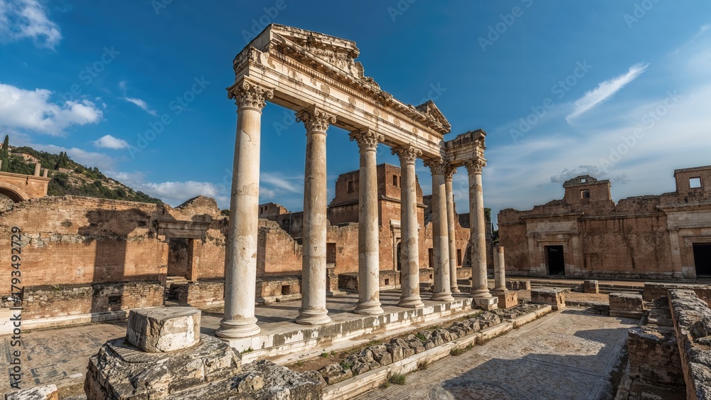 Obraz premium Ancient ruins with columns and arches, historical archaeological site, Italy, architecture, civilization.