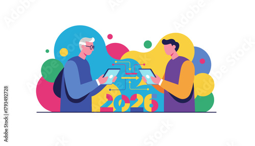 Digital data exchange between two individuals using tablets for 2026 business planning