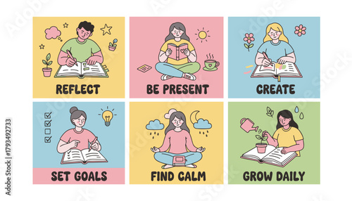 Personal development vector set journaling mindfulness goal setting and growth routines for wellness