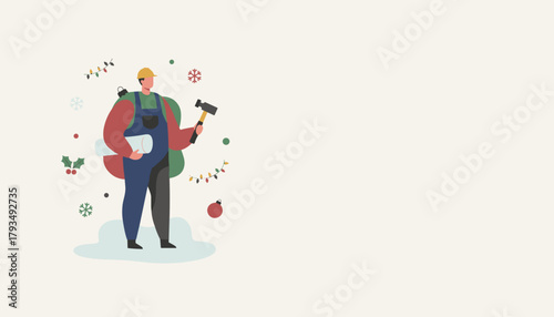 Festive handyman with blueprint and hammer Christmas construction or seasonal repairs illustration