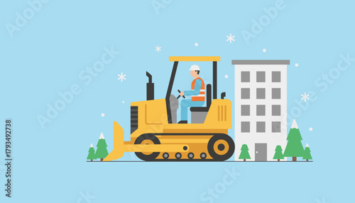 Construction worker operating a yellow bulldozer near a building during winter snowfall illustration