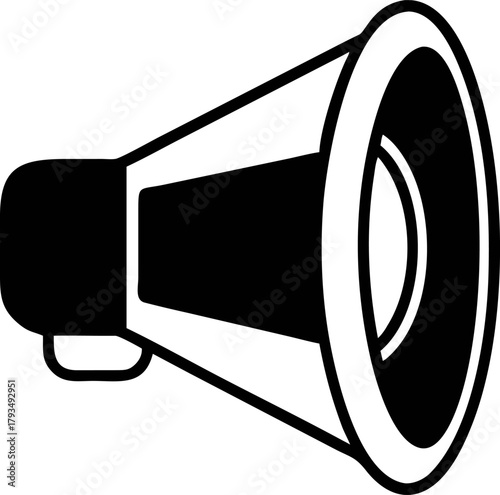 Dynamic megaphone silhouette illustration, a bold black vector icon representing loud announcements, public speaking, and impactful communication