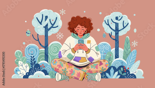 Young woman checks her phone while relaxing in a stylized winter landscape illustration
