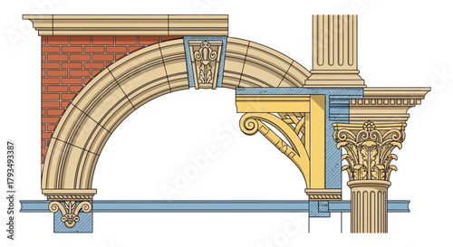 Architectural Elements of a Classical Arch and Column Structure.