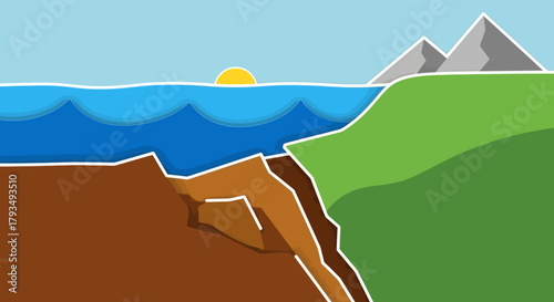 Coastal Cliff Landscape with Ocean and Mountains.