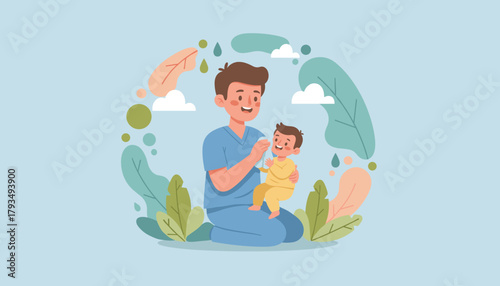 Loving father cares for his smiling baby in a stylized nature frame Parenthood concept