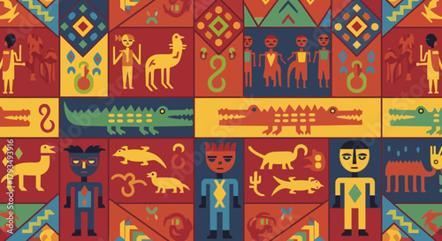 Colorful Peruvian Textile Art with Animals and Figures.