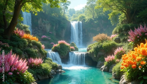 Rich green forest with vibrant flowers surrounds cascading waterfalls flowing into turquoise water. Sunlight filters through trees illuminating this magical natural landscape creating serene paradise.