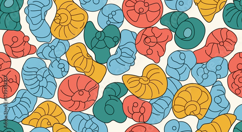 Colorful seamless pattern of ancient ammonite fossils.