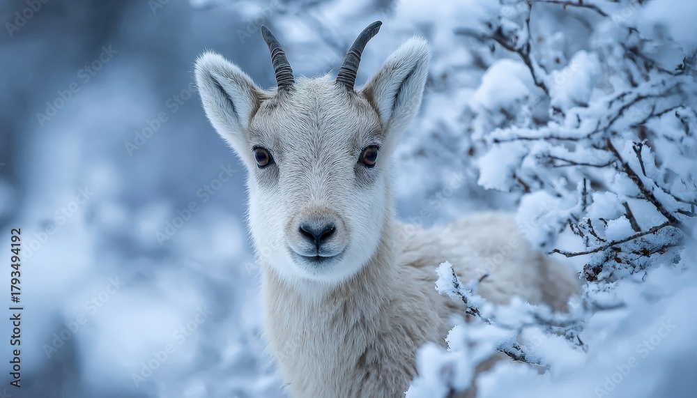 Obraz premium Young white mountain ungulate peers directly from behind snow covered branches