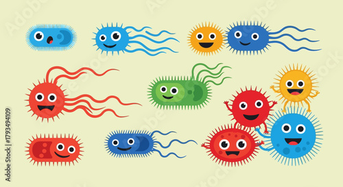 Cute Cartoon Bacteria Microbes Characters Collection.
