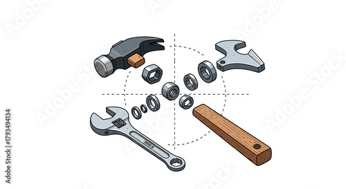 Disassembled hammer and wrench with bearings on a white background, illustrating mechanical components and tools.