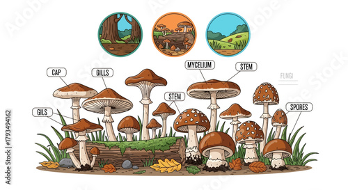Detailed illustration of various mushroom types and their parts.