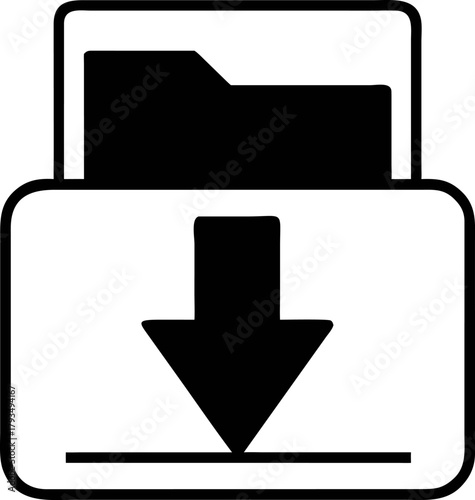 Vector graphic of a bold folder icon with a clear downward arrow, symbolizing digital file download and secure data transfer