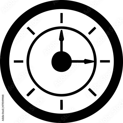 Black Silhouette of a Clock Face with Hour and Minute Hands Pointing to a Specific Time, Vector Graphic Illustration