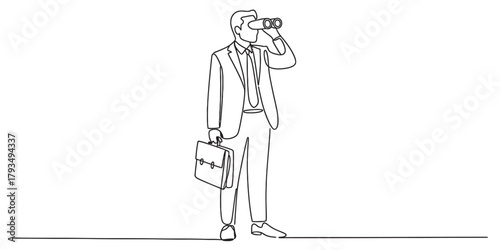 Businessman with briefcase using binoculars in continuous line drawing. concept of business search, vision, strategy, opportunity, future, market analysis. Vector