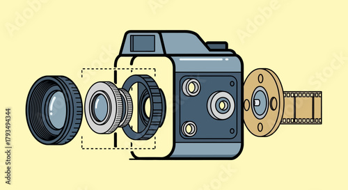 Exploded View of a Vintage Camera with Lens and Film Reel.