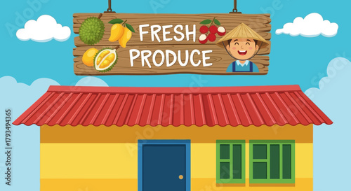 Fresh produce market with colorful building and sign.