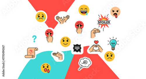 Emojis and symbols on a colorful background.