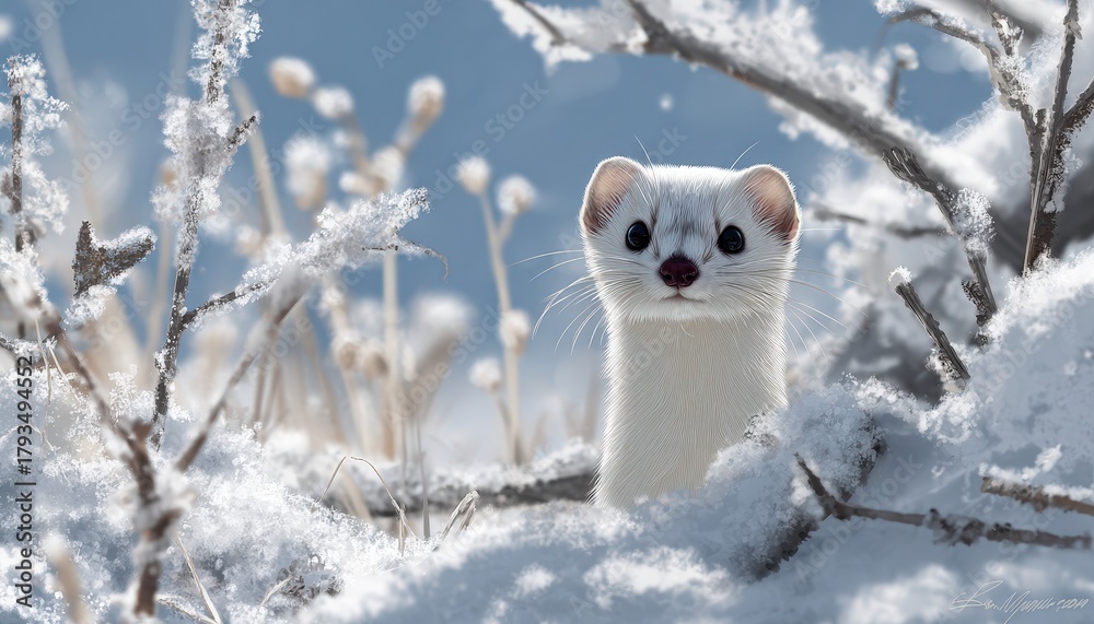 Fototapeta premium Small white mammal peeks out from behind snow covered winter brush