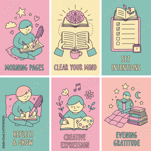 Pastel illustrations for mental health journaling selfcare reflection and mindfulness practices