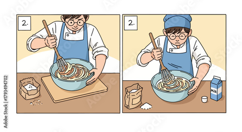 Man in apron mixing ingredients in a bowl with a whisk, preparing food in a kitchen setting.