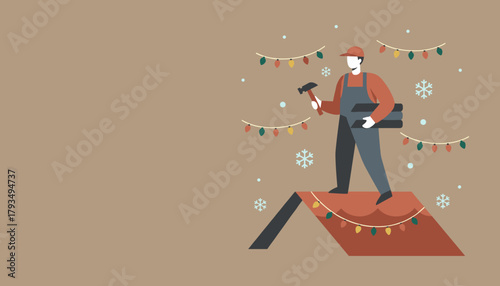 Roofer installing shingles on a snowy day repairing a roof during the winter holidays