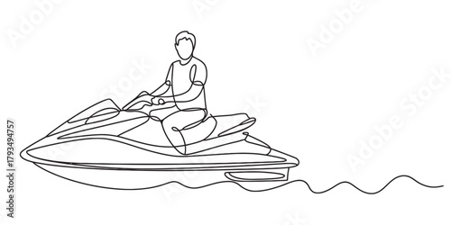 Simple one line drawing of person on a jet ski, illustrating summer water sports and recreation with speed and ocean waves for fun vacation. Vector