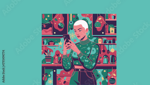 Young woman textingscrolling on phone in a modern kitchen decorated for Christmas Vector art